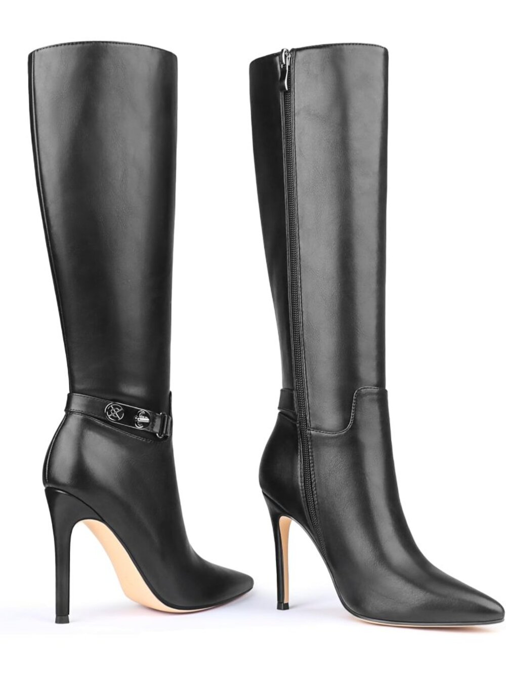 Women's Black Faux Leather Pointed Toe Stiletto Fashionable Knee High Boots - Picture 4 of 6
